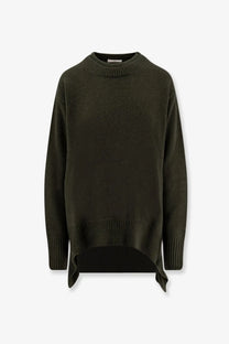 Olive green oversized knit wool and cashmere sweater with ribbed cuffs and asymmetrical hem by R2W women
