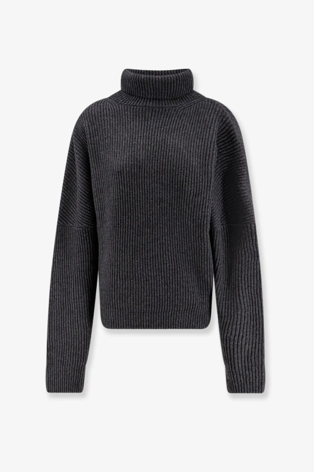 Dark gray ribbed knit turtleneck sweater with relaxed fit and vertical stitching from r2w wool and cashmere collection