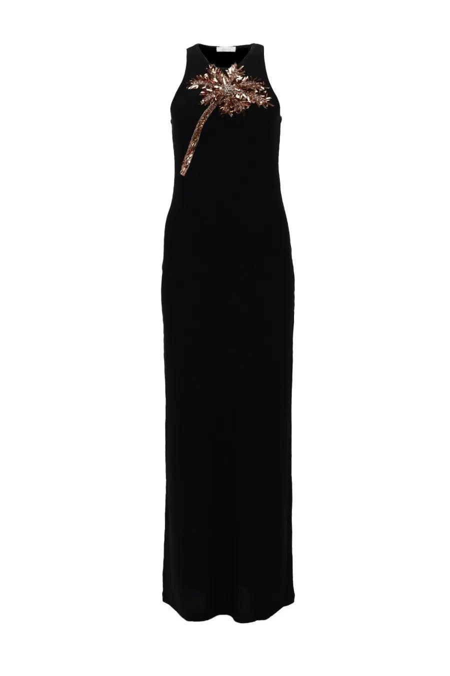 Rabanne women’s black sleeveless maxi dress with shimmering gold sequined palm tree detail at the neckline