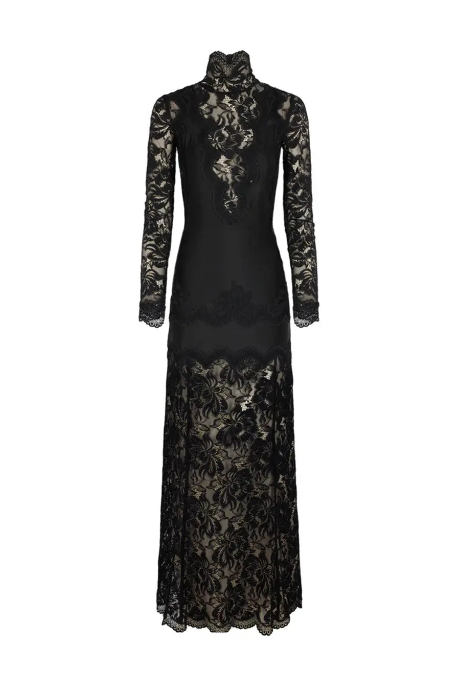 Elegant black lace gown rabanne women’s abito lungo in pizzo jersey with high neckline and long sleeves featuring floral patterns