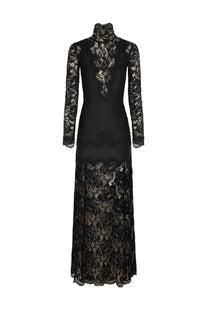 Elegant black lace gown rabanne women’s abito lungo in pizzo jersey with high neckline and intricate floral patterns