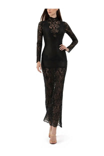 Rabanne women’s black lace midi dress with long sleeves high neckline made from pizzo jersey fabric