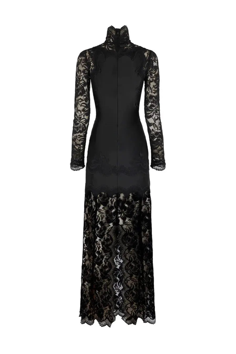 Rabanne women’s abito lungo in pizzo jersey black sleek long sleeve lace gown with floral patterns on bodice arms and hem