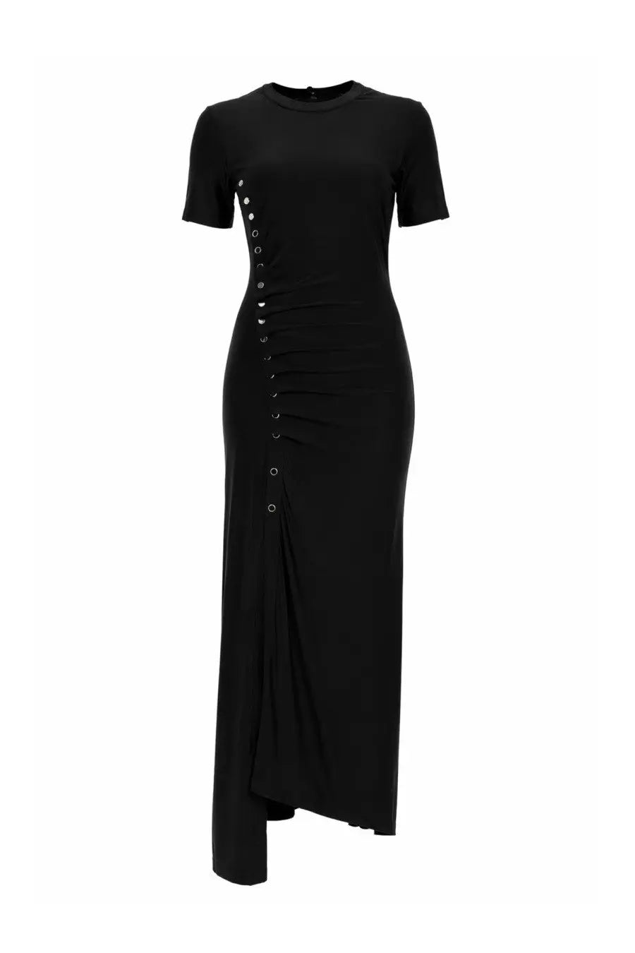 Rabanne women’s abito midi asimmetrico black short-sleeved dress with side slit and silver eyelets along the seam