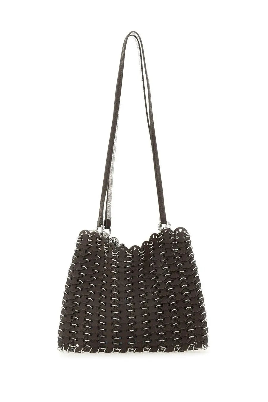 Rabanne women’s black chain-link shoulder bag with silver metal rings and matching strap in brown product listing
