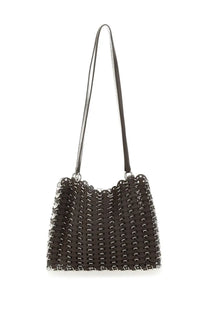 Rabanne women’s black chain-link shoulder bag with silver metal rings and matching strap in brown leather