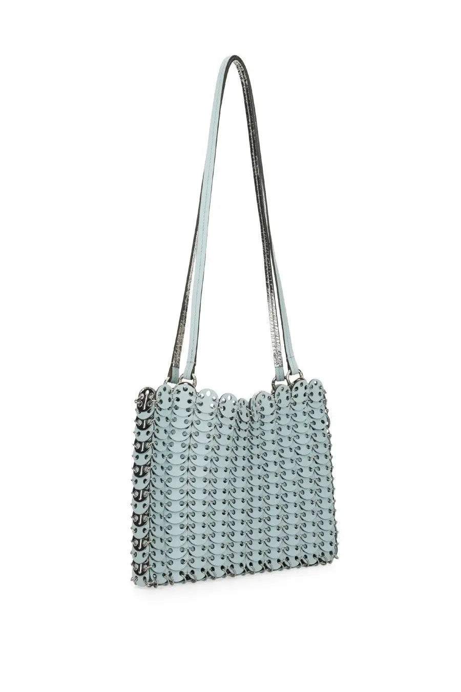 Rabanne women’s multicolor metallic chain-link shoulder bag in light blue with silver-toned hardware and matching strap