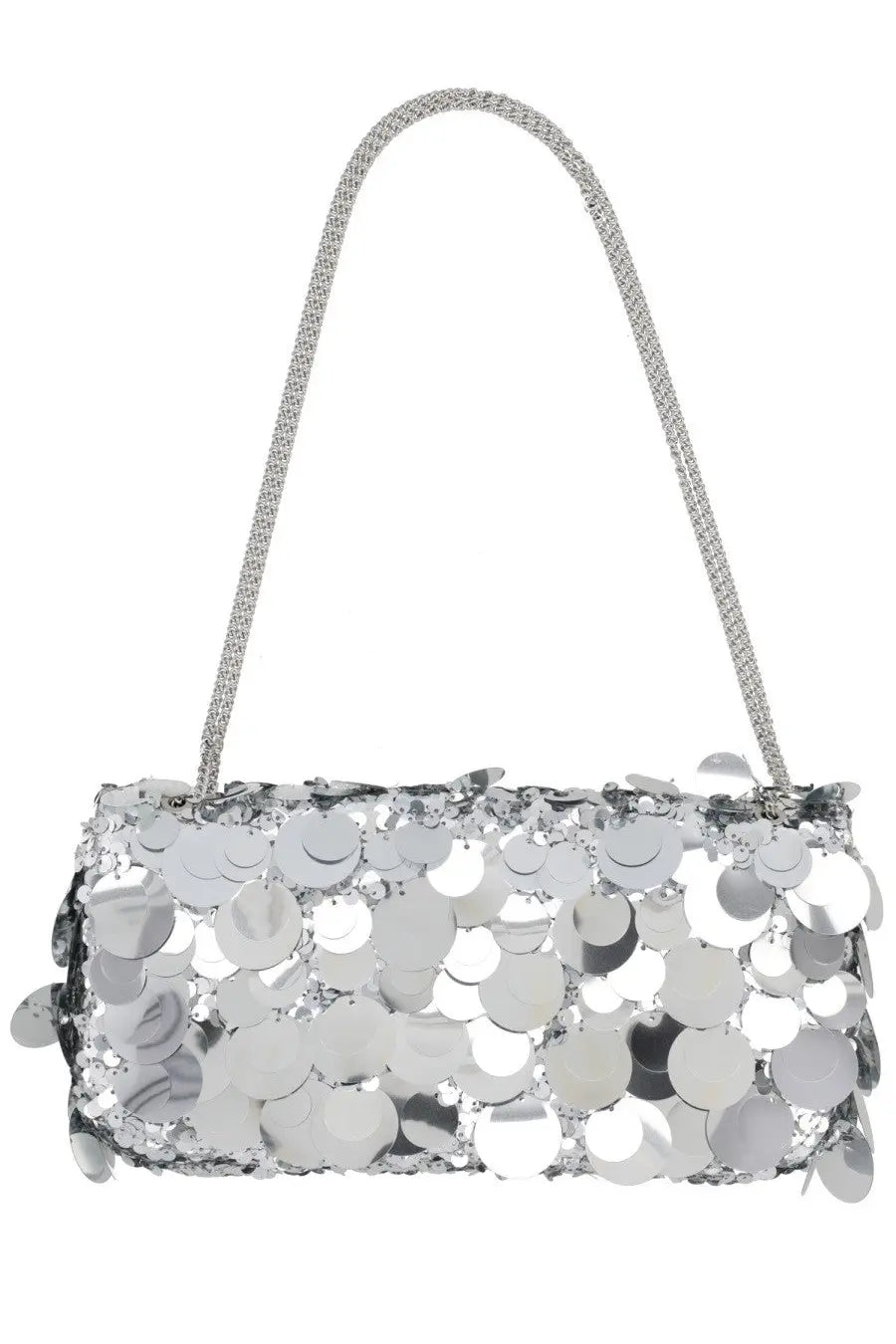 Rabanne women’s borsa sparkle baguette silver clutch bag with shimmering silver sequins and matching chain strap