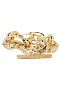 Rabanne women’s gold chain bracelet with clear crystals and rectangular clasp engraved with brand name
