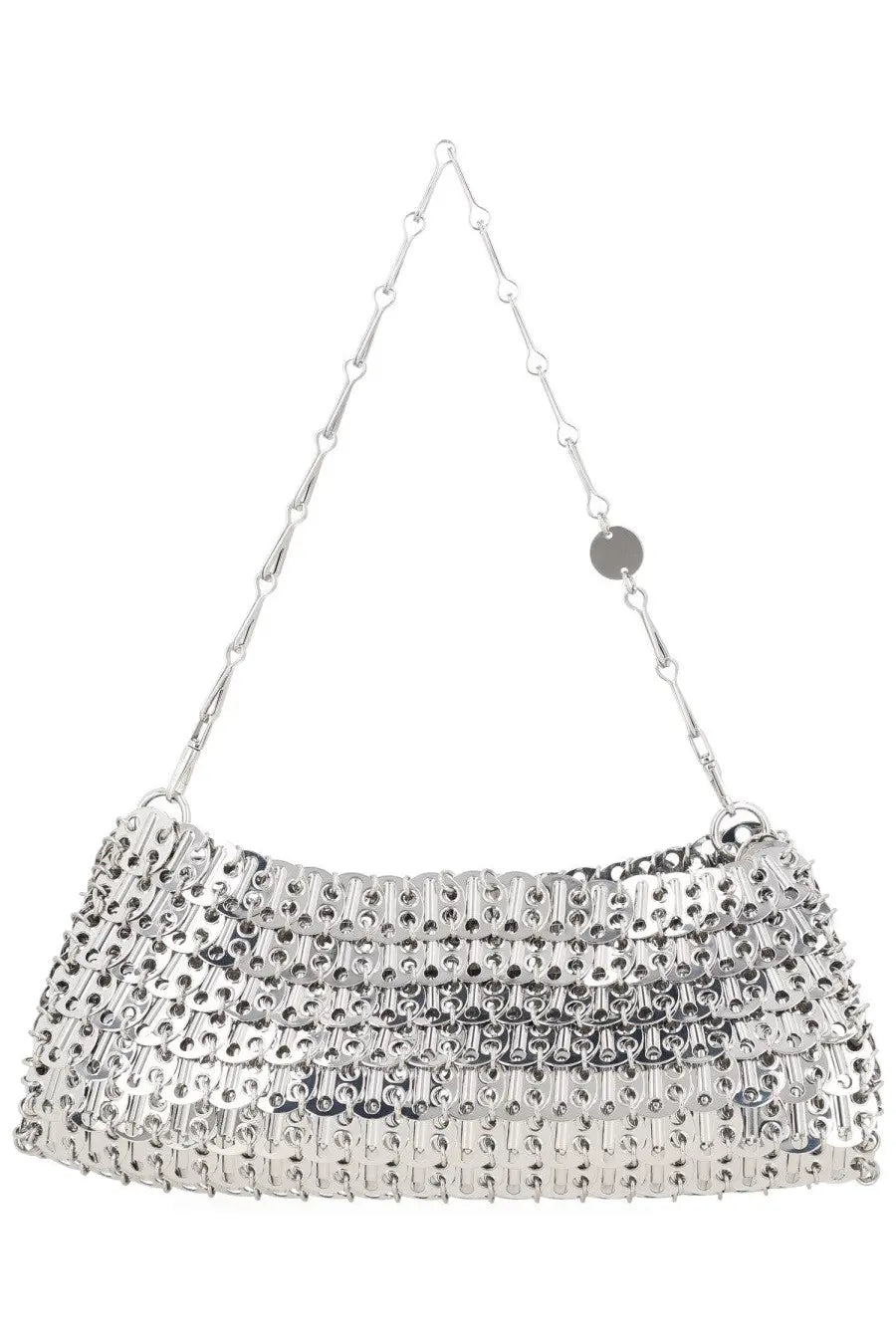 Rabanne women’s clutch silver metallic chain-link handbag with distinctive layered cascading design