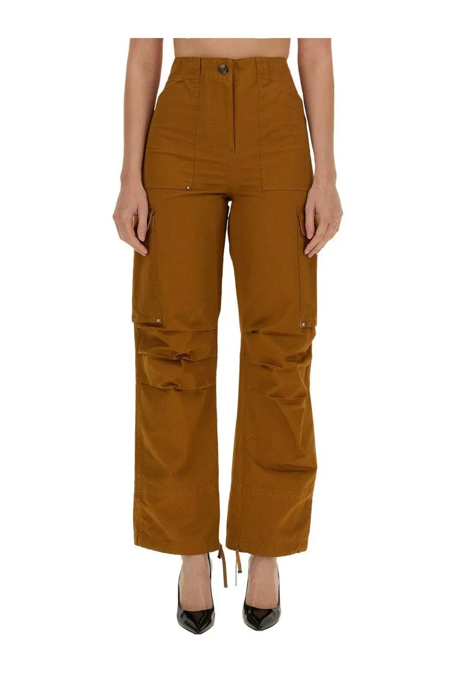 Rabanne women’s high-waisted cotton beige cargo pants with flap pockets and drawstring cuffs