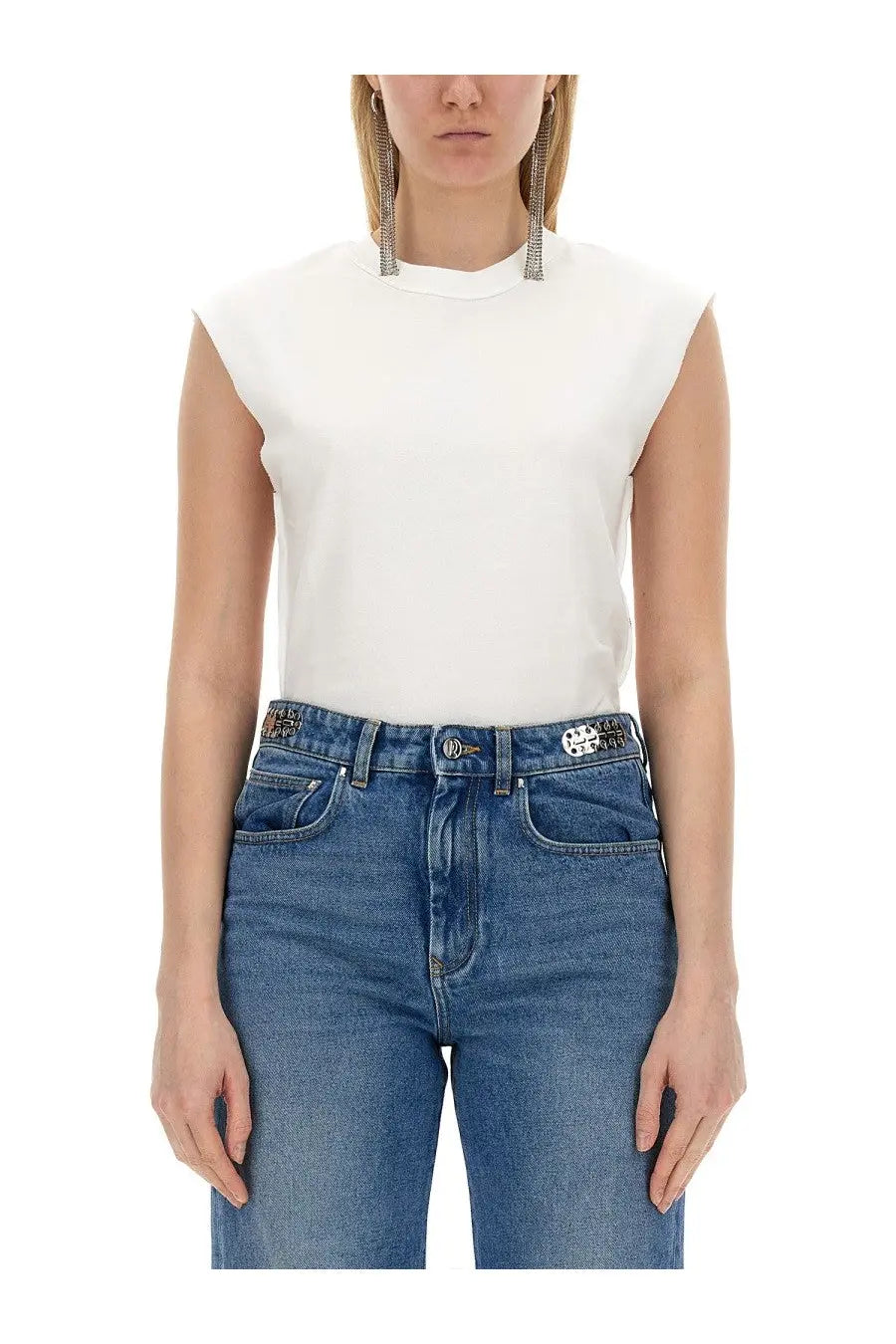 Rabanne women’s white sleeveless cotton top with rounded neckline and smooth fitted fabric front view