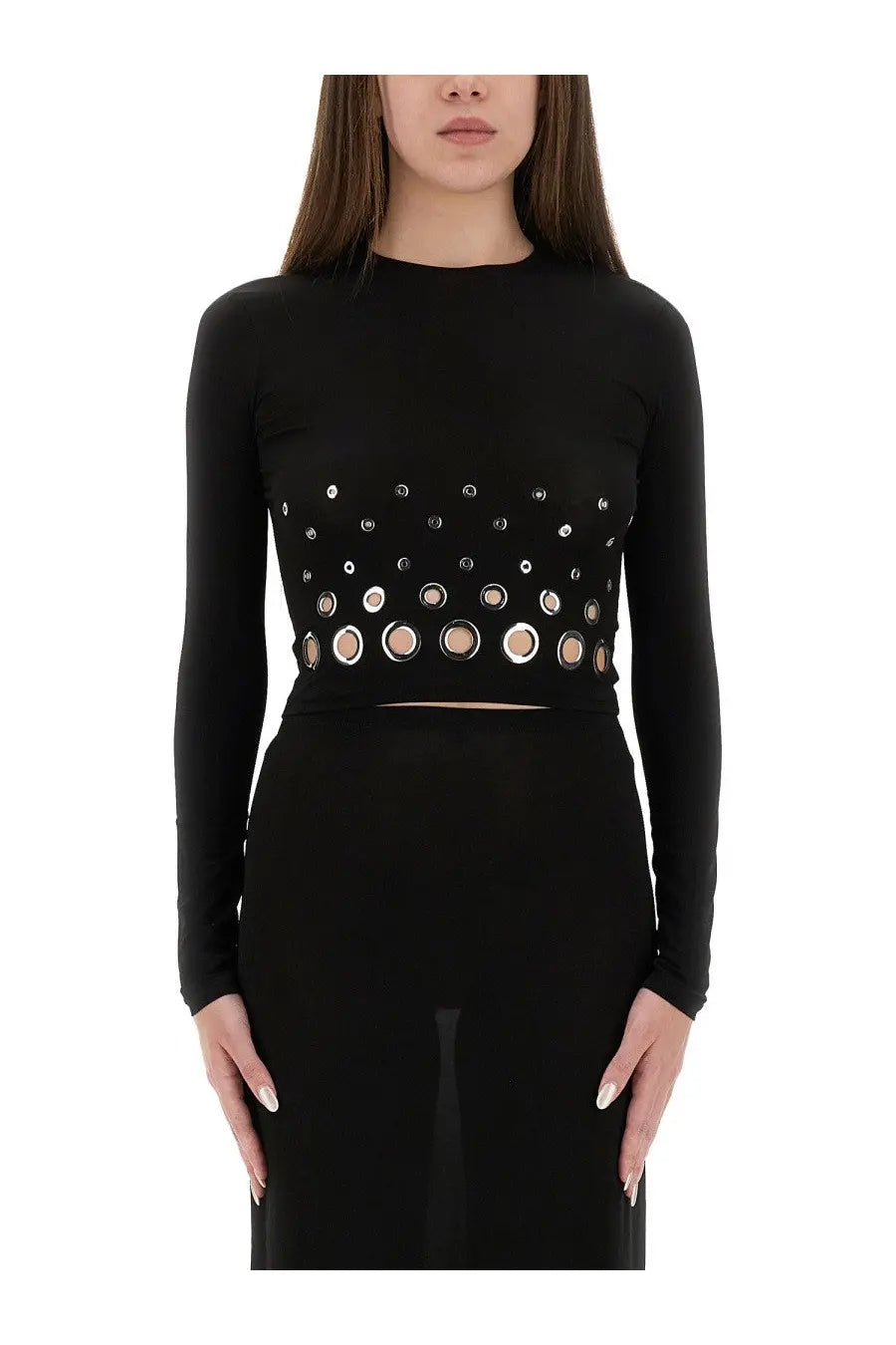 Rabanne women’s black cropped top with fitted silhouette and decorative circular cutouts across the midsection