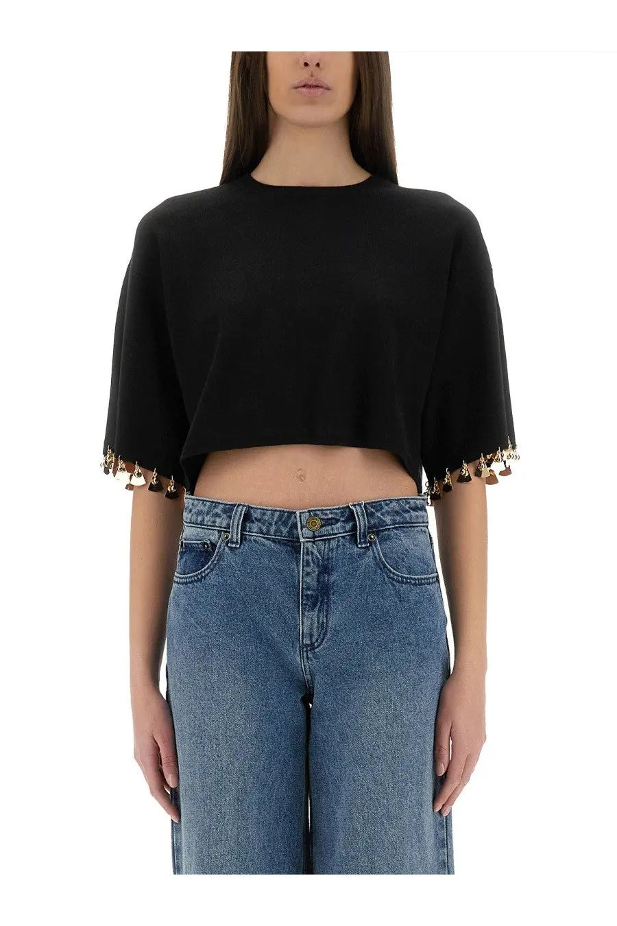 Rabanne women’s black knit cropped top with bell-shaped tassels along the sleeve hems