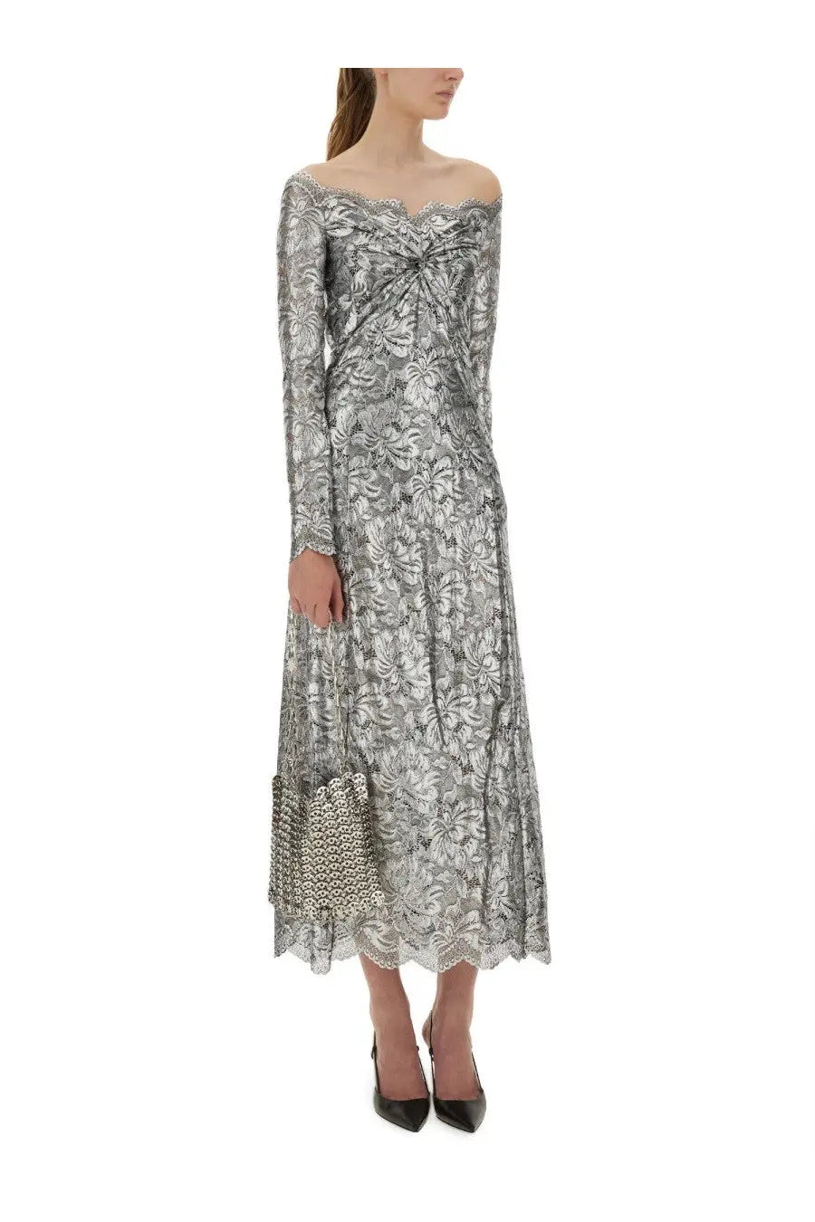 Rabanne Women's Long Lace Dress Silver, view 2