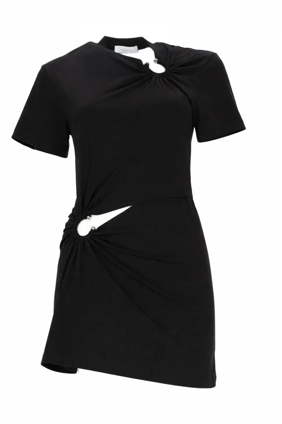 Rabanne women’s black mini dress with white fabric ties at neckline and waist featuring piercing details