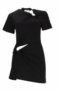 Rabanne women’s black mini dress with white fabric ties at neckline and waist featuring piercing details