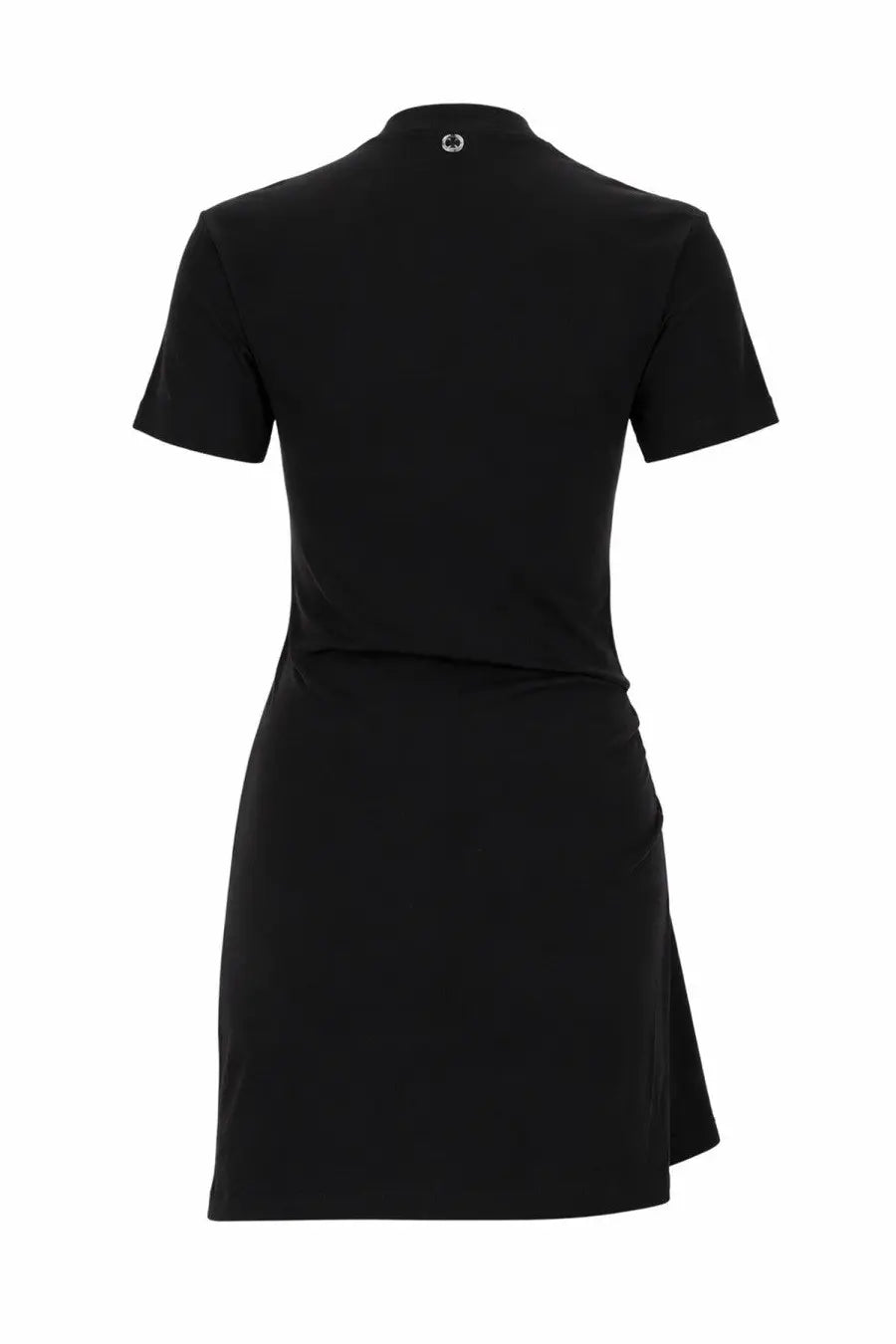 Black short-sleeved mini dress by rabanne with high neckline and asymmetrical hemline featuring piercing details