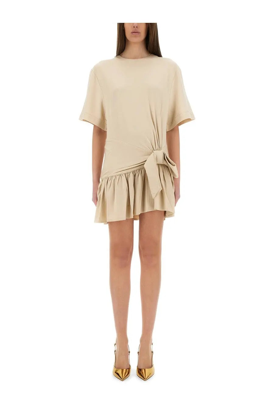 Beige rabanne women’s mini dress with short sleeves tied waist and ruffled hem perfect for casual wear