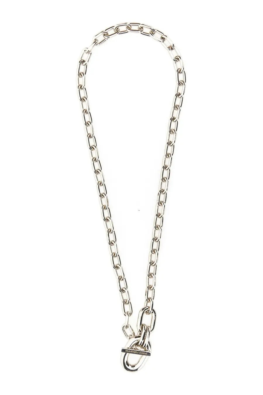 Rabanne women’s silver necklace with bold interlocking chain links and marc jacobs engraved clasp in silver tone