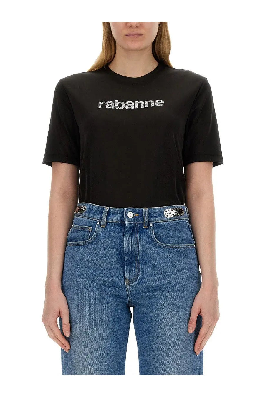 Rabanne women’s black t-shirt with white embroidered logo across the chest made from soft cotton material