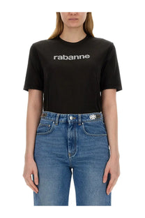 Rabanne women’s black t-shirt with white embroidered logo across the chest made from soft cotton material