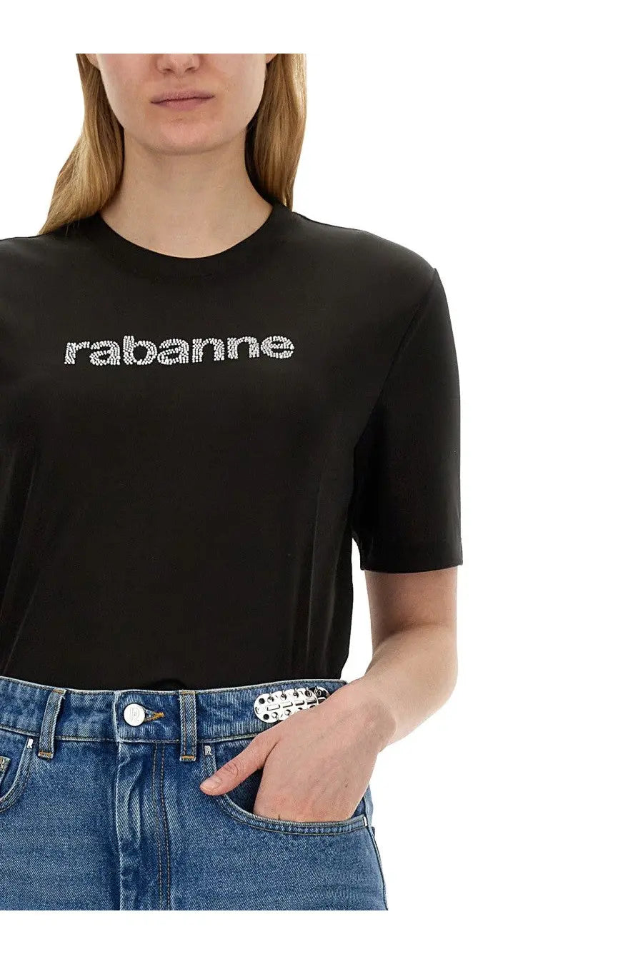 Rabanne women’s black t-shirt with a white sparkling logo across the chest made of soft fabric