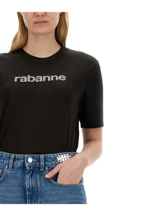 Rabanne women’s black t-shirt with a white sparkling logo across the chest made of soft fabric