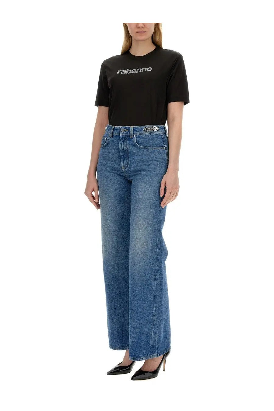 Black rabanne women’s t-shirt featuring a white logo on the front made of soft cotton material