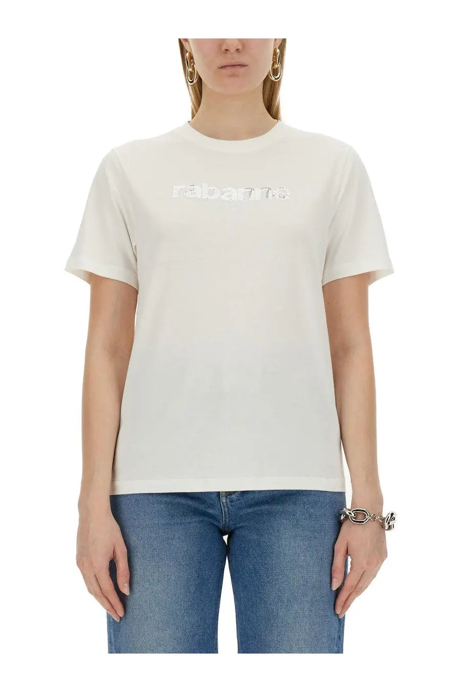 Off-white ribbed cotton rabanne women’s shirt featuring a subtle reflective logo across the chest