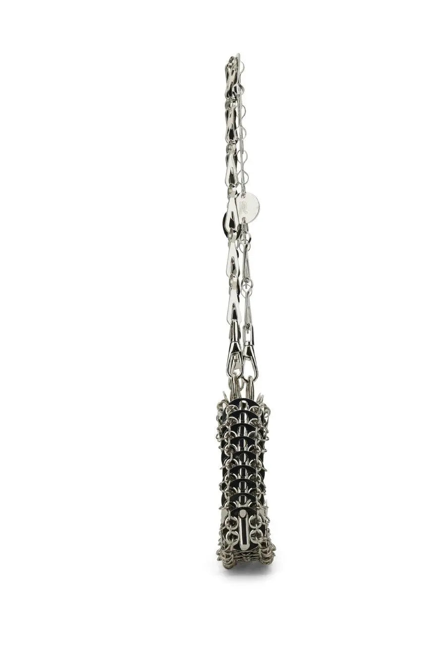 Rabanne women’s shoulder bag xtra silver with silver chain-link, textured studded design, and circular tag near the top