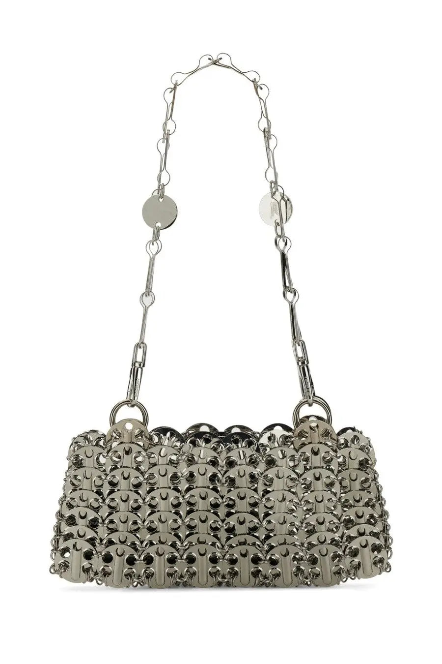 Rabanne women’s shoulder bag xtra silver with silver metallic chain-link and interlocking circular design and adjustable straps