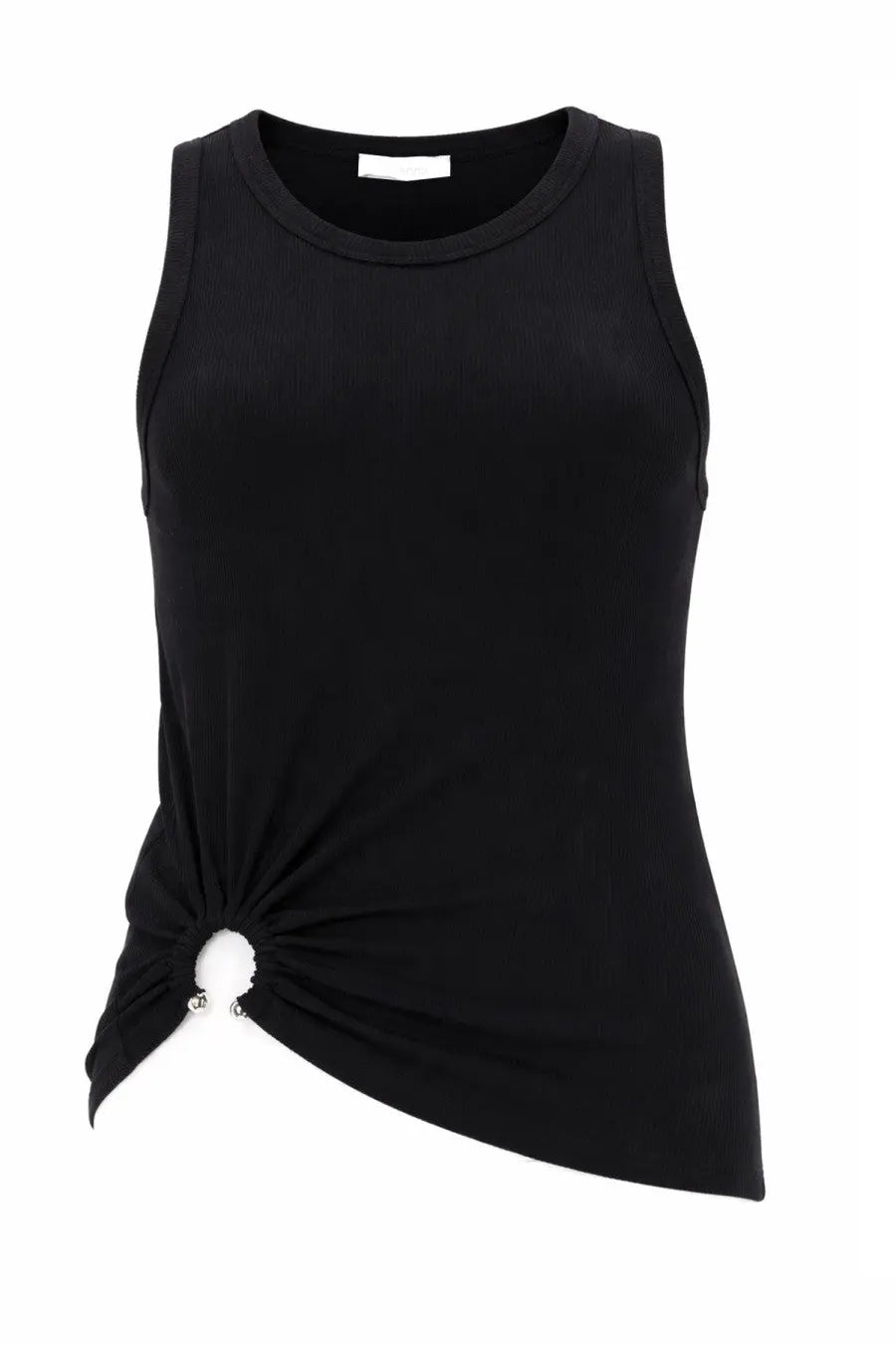 Rabanne women’s black sleeveless top with knotted front detail and silver-tone hardware accents for stylish wear