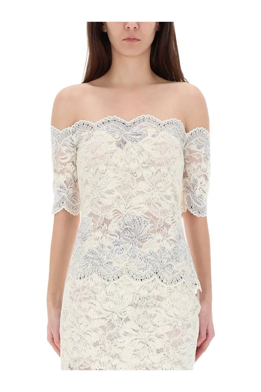 Rabanne women’s off-the-shoulder cream lace dress with floral patterns and scalloped edges