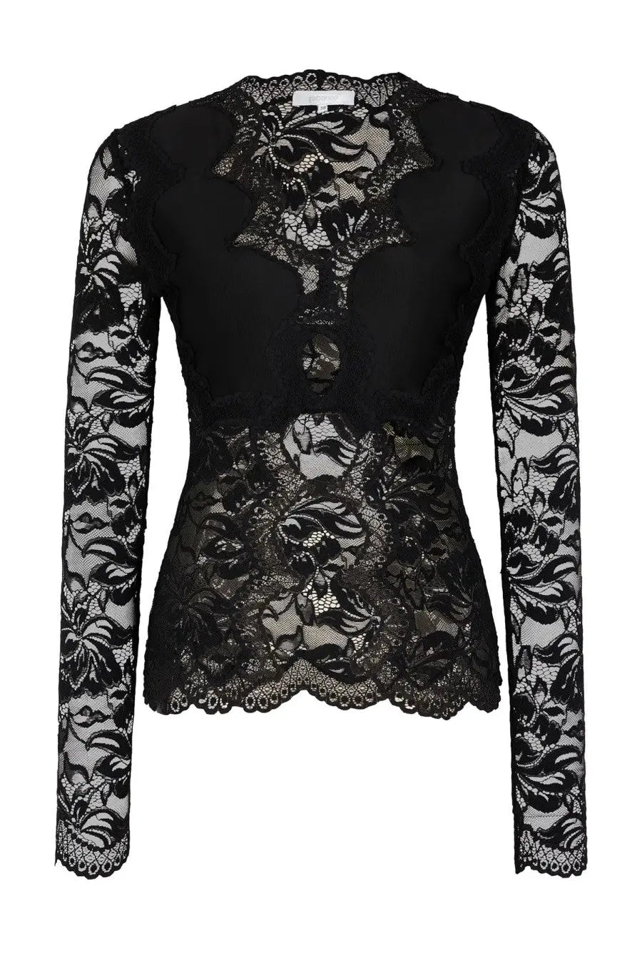 Rabanne women’s black floral lace long-sleeved top with intricate detailing and fitted silhouette in pizzo fabric