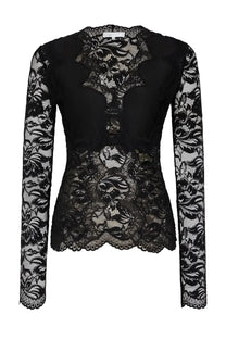Rabanne women’s black floral lace long-sleeved top with intricate detailing and fitted silhouette in pizzo fabric