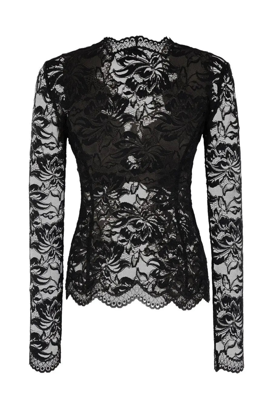 Rabanne women’s black floral lace long-sleeved top with scalloped hem and neckline in pizzo fabric