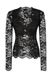 Rabanne women’s black floral lace long-sleeved top with scalloped hem and neckline in pizzo fabric