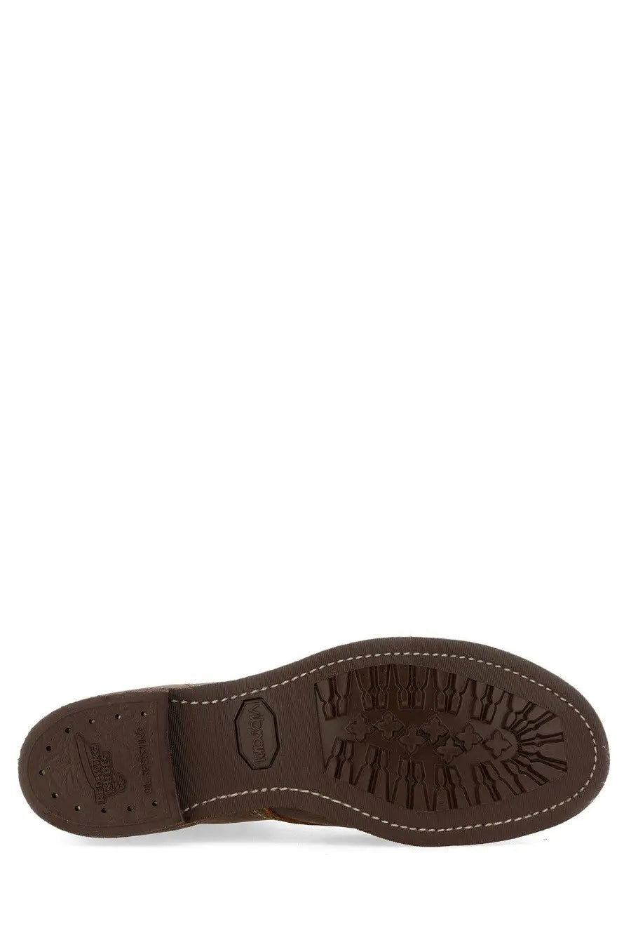 Red wing men’s stivale blacksmith brown leather shoe sole with textured tread pattern and white stitching edges