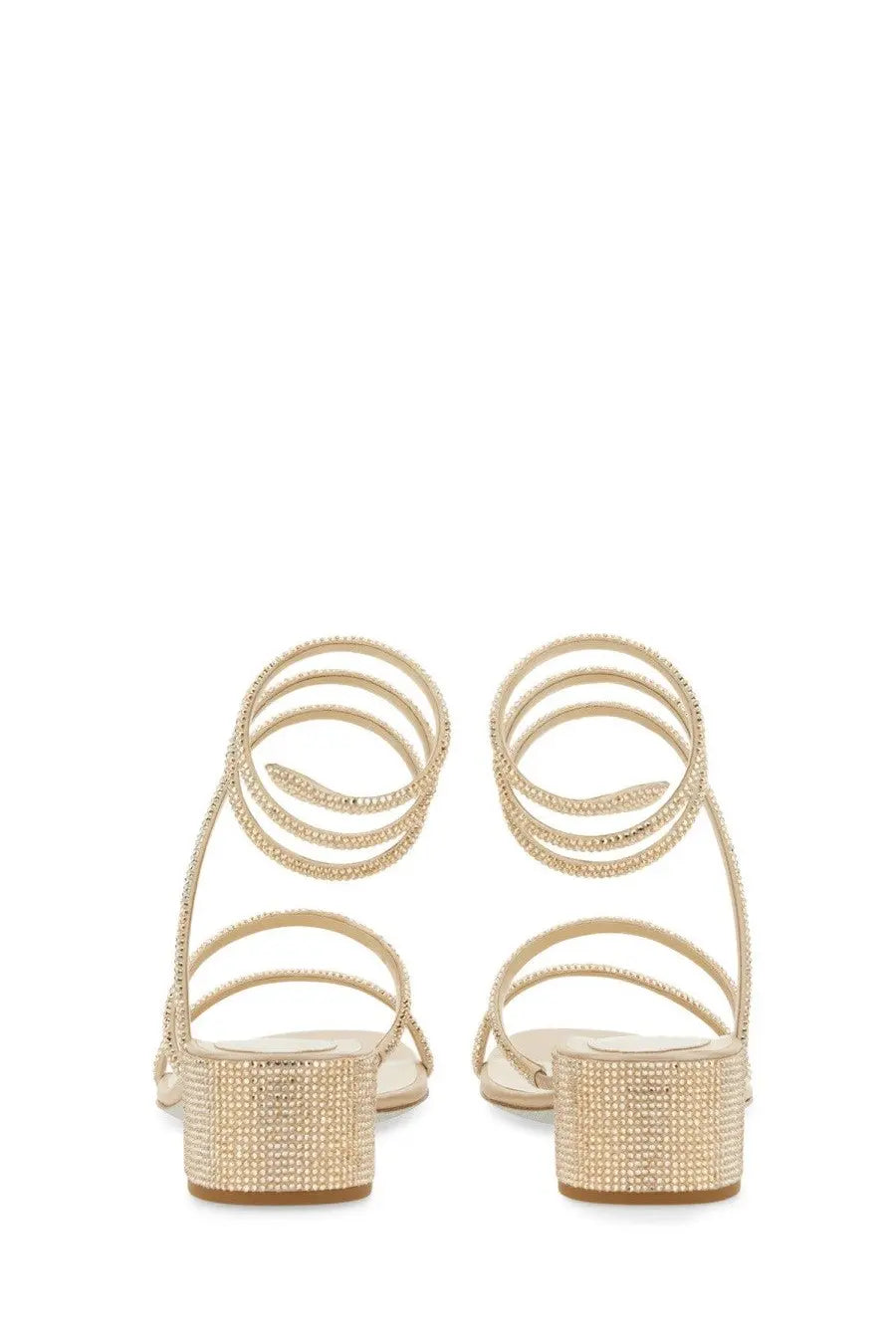 Rene Caovilla women’s sandalo cleo beige gold-toned strappy sandals with beaded rhinestone design and block heels