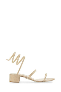 Beige rene caovilla women’s strappy sandal with sparkling rhinestone ankle strap and block heel