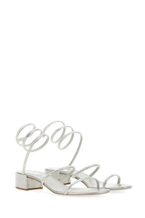 Rene Caovilla women’s silver spiral strap sandals with crystal embellishments and low block heel