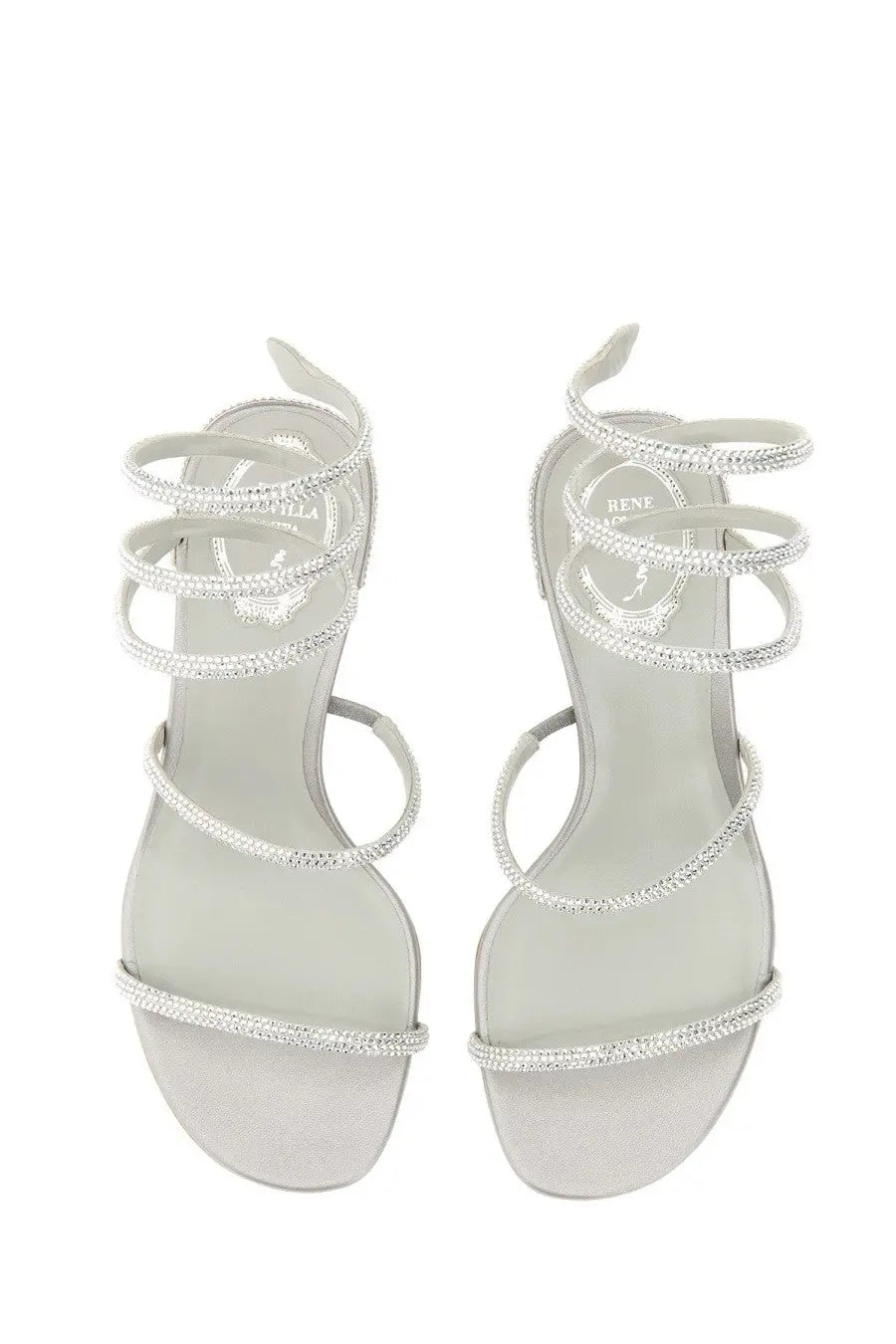 Rene Caovilla women’s silver high-heeled sandals with multiple wrapped straps adorned with sparkling rhinestones