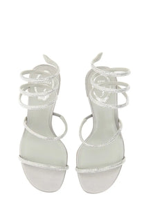 Rene Caovilla women’s silver high-heeled sandals with multiple wrapped straps adorned with sparkling rhinestones