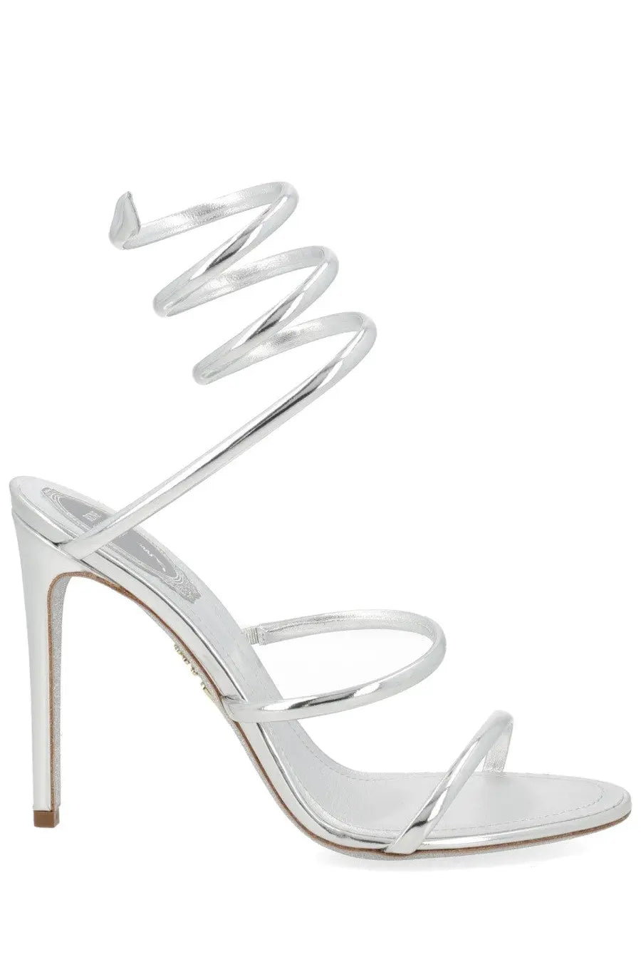 Rene Caovilla women’s silver metallic high-heeled sandal with spiral straps and sleek minimalist design
