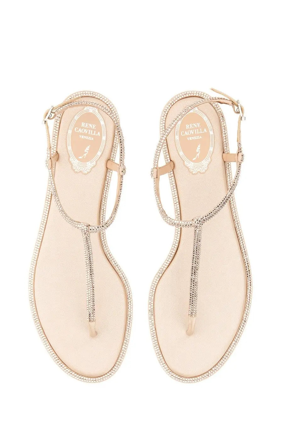 Rene Caovilla women’s sandalo Diana beige sandals with delicate silver rhinestone detailing on straps and toe post