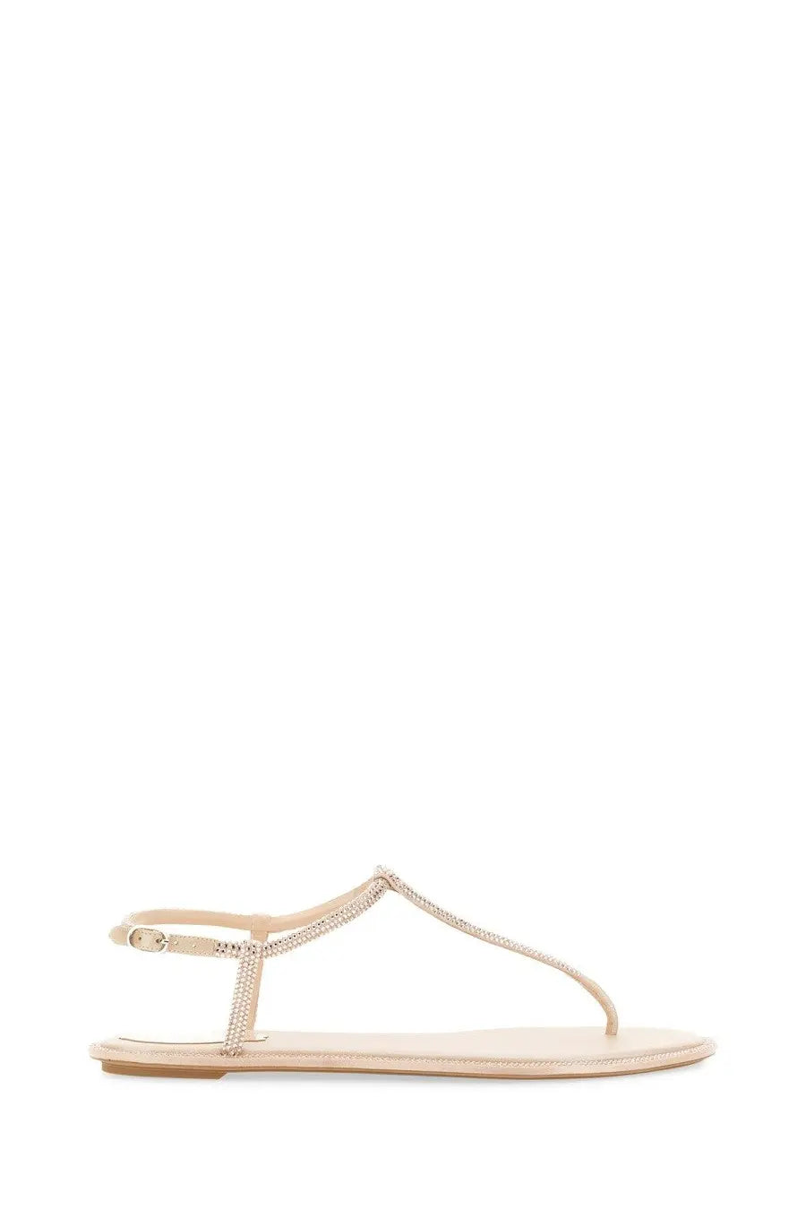 Rene Caovilla women’s beige t-strap sandal with sparkling rhinestones along strap and heel