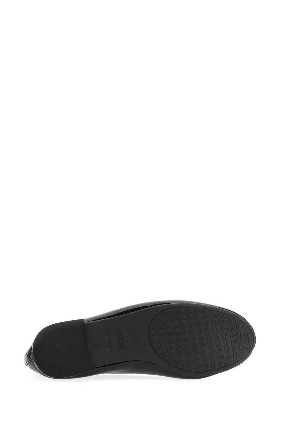 Repetto women’s ballerina lili black patent leather flat shoe with textured rubber sole visible from the back side