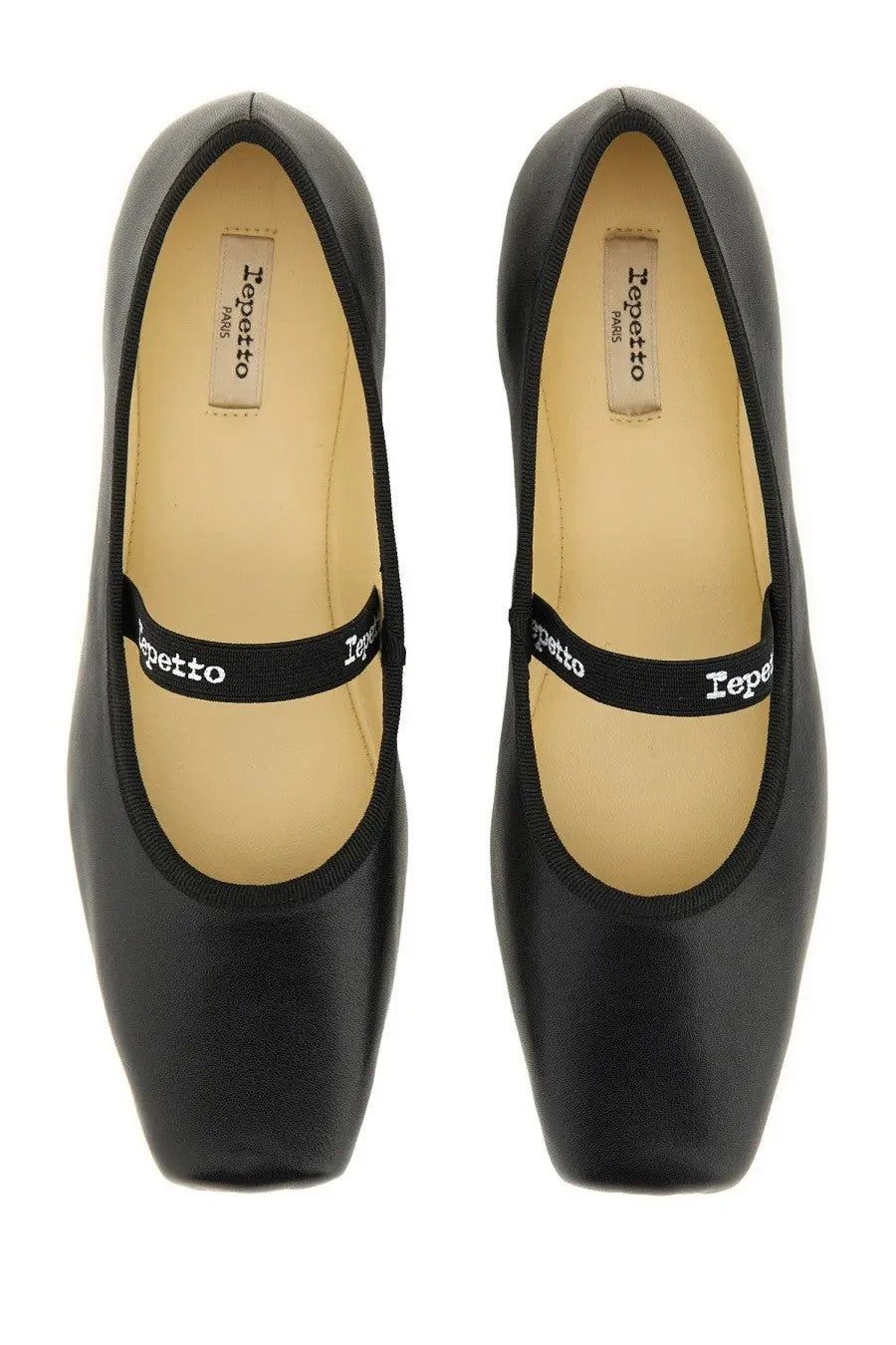 Repetto women’s ballerina lisbeth black leather flat shoes with square toe and black elastic strap with white branding