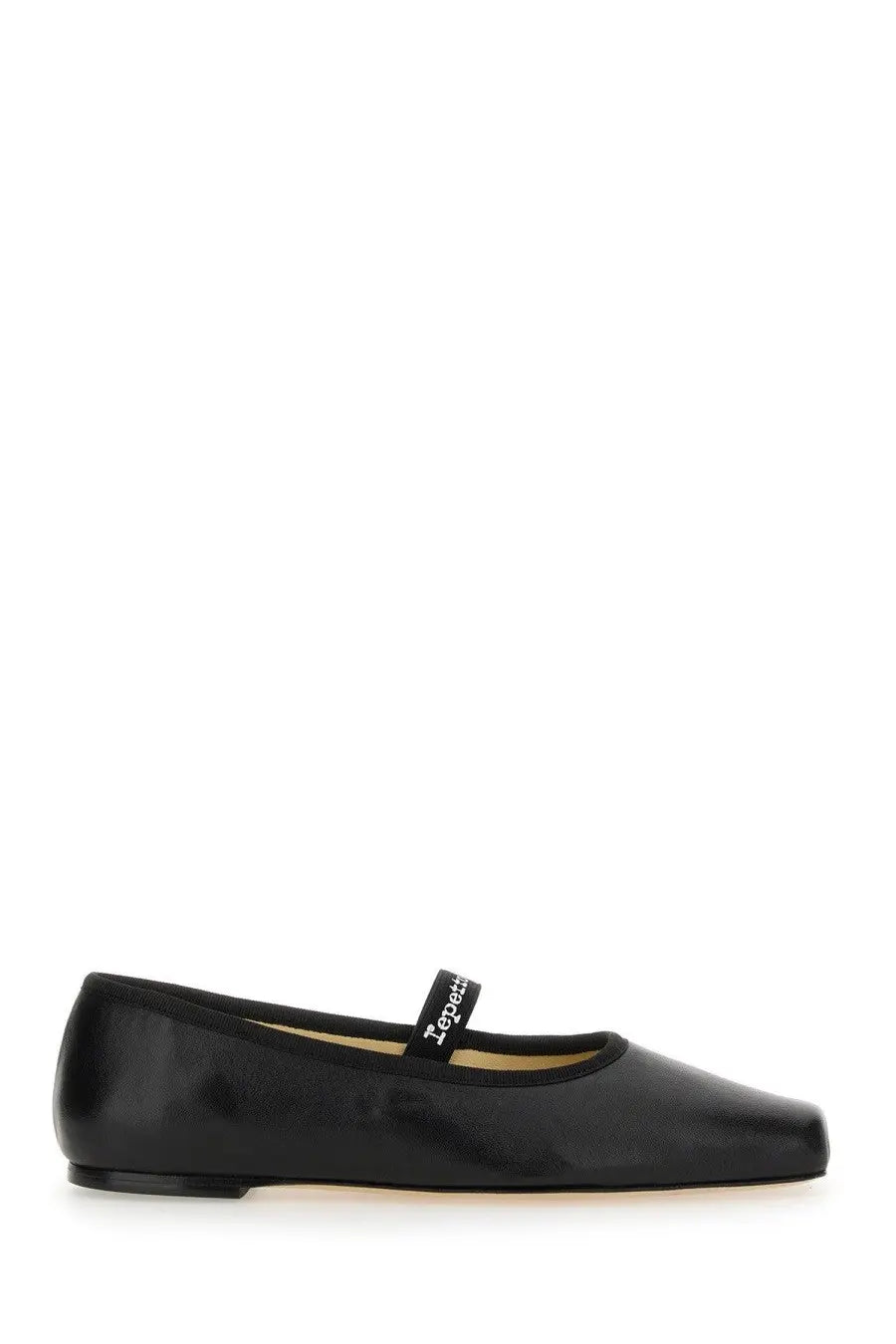 Repetto women’s ballerina lisbeth black patent leather mary jane flat shoe with square toe and white lettering strap